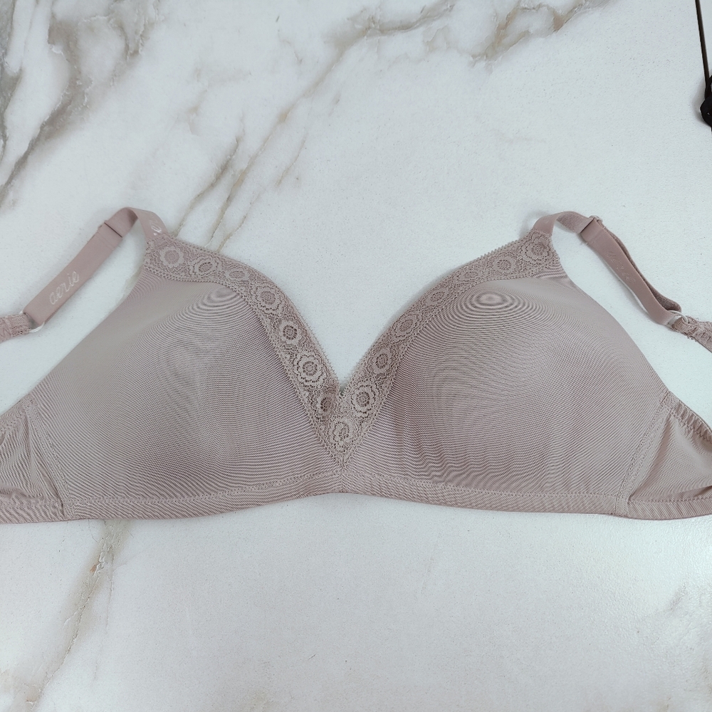 Aerie Real Happy Mauve Mesh Lace Trim Lightly Lined Wireless Bra Bralette, 38D